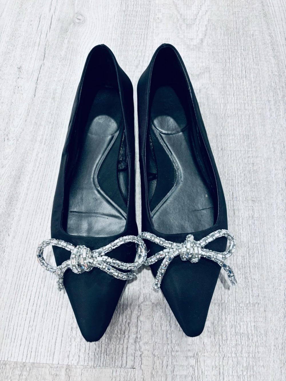 Zara Black Satin Ballet Flats with Embellished Bow Size 36 - Picture 3 of 8